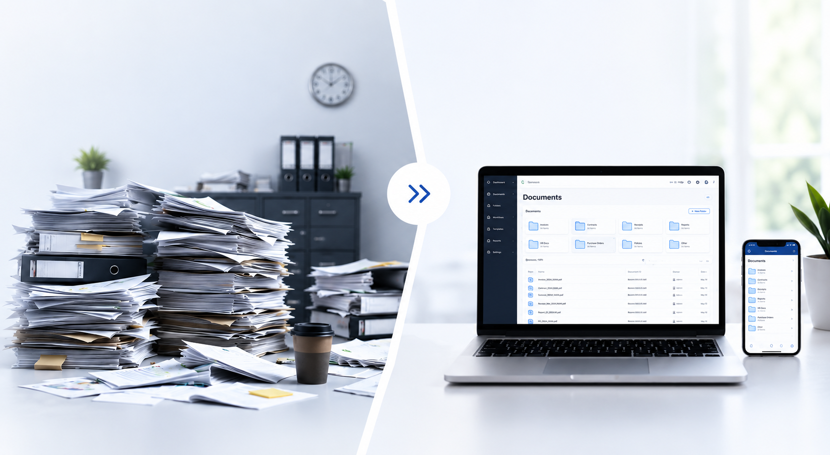 A cluttered paper desk transformed into a clean digital document dashboard